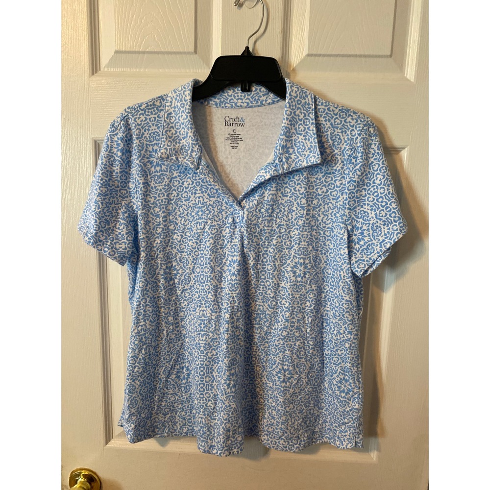 Croft &‎ Barrow Womens XL Blue White Damask Print Knit Polo Shirt Short Sleeve